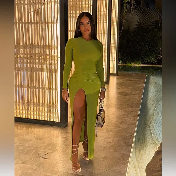 green emerald velvet dress Neon Yellow Slash Neck Jumper Dress main image 1